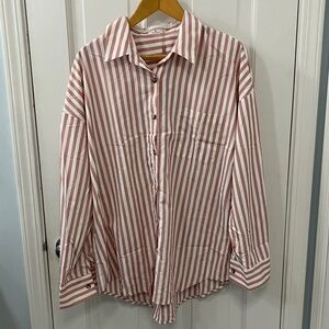 NWT Hotouch Striped Women's button up collared Shirt - pink and White size XL